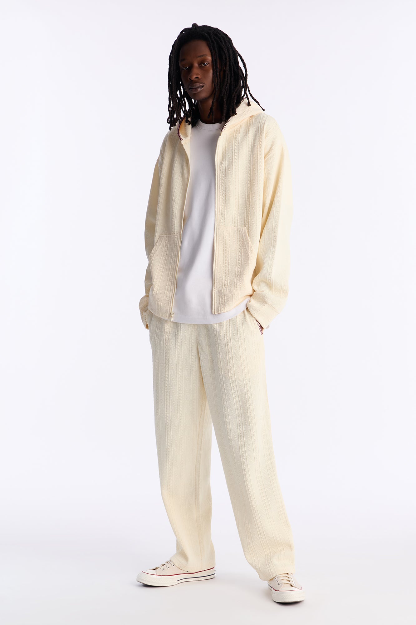 Cable Knit Textured Stitched Hooded Jacket in Cream