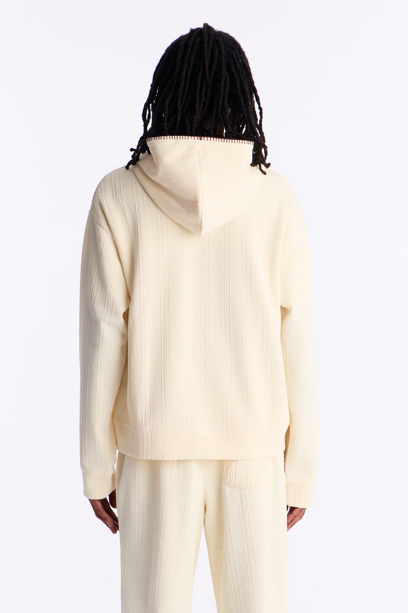 Cable Knit Textured Stitched Hooded Jacket in Cream