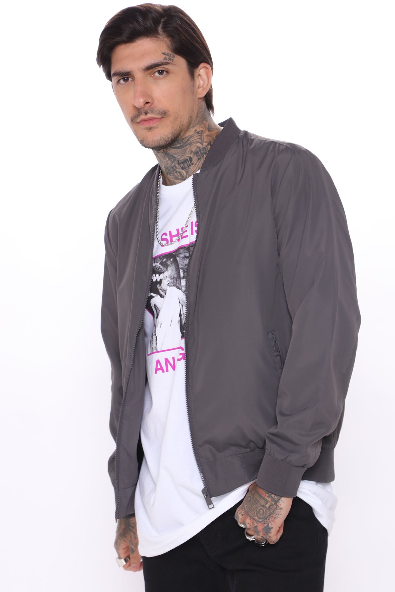 Eddie Bomber Jacket - Charcoal, Men's Fashion Jacket with Ribbed Collar and Cuffs