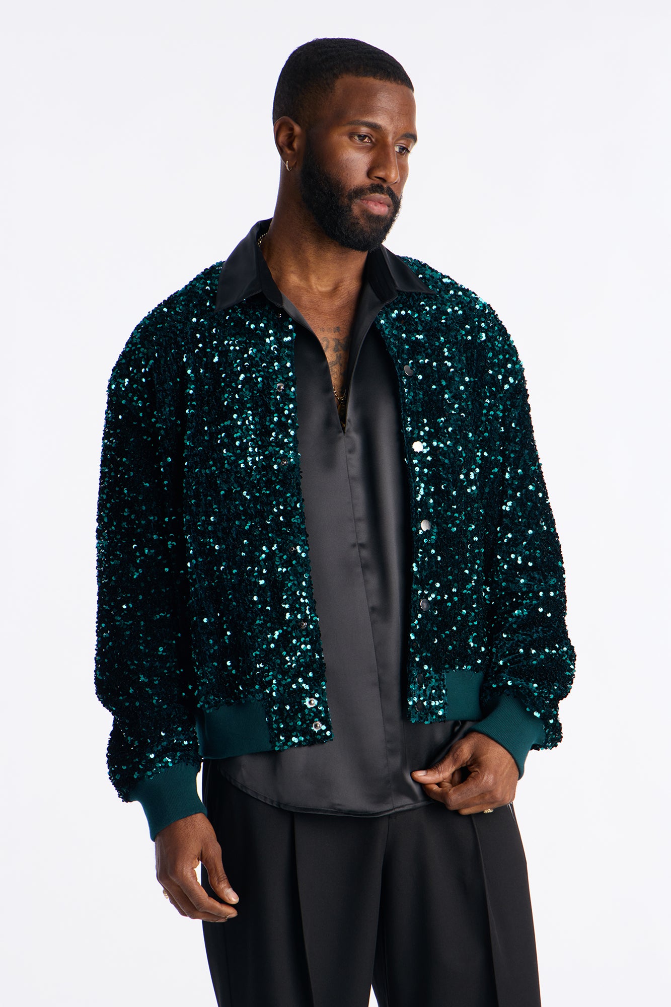 Green Textured Sequin Blinged Out Bomber Jacket