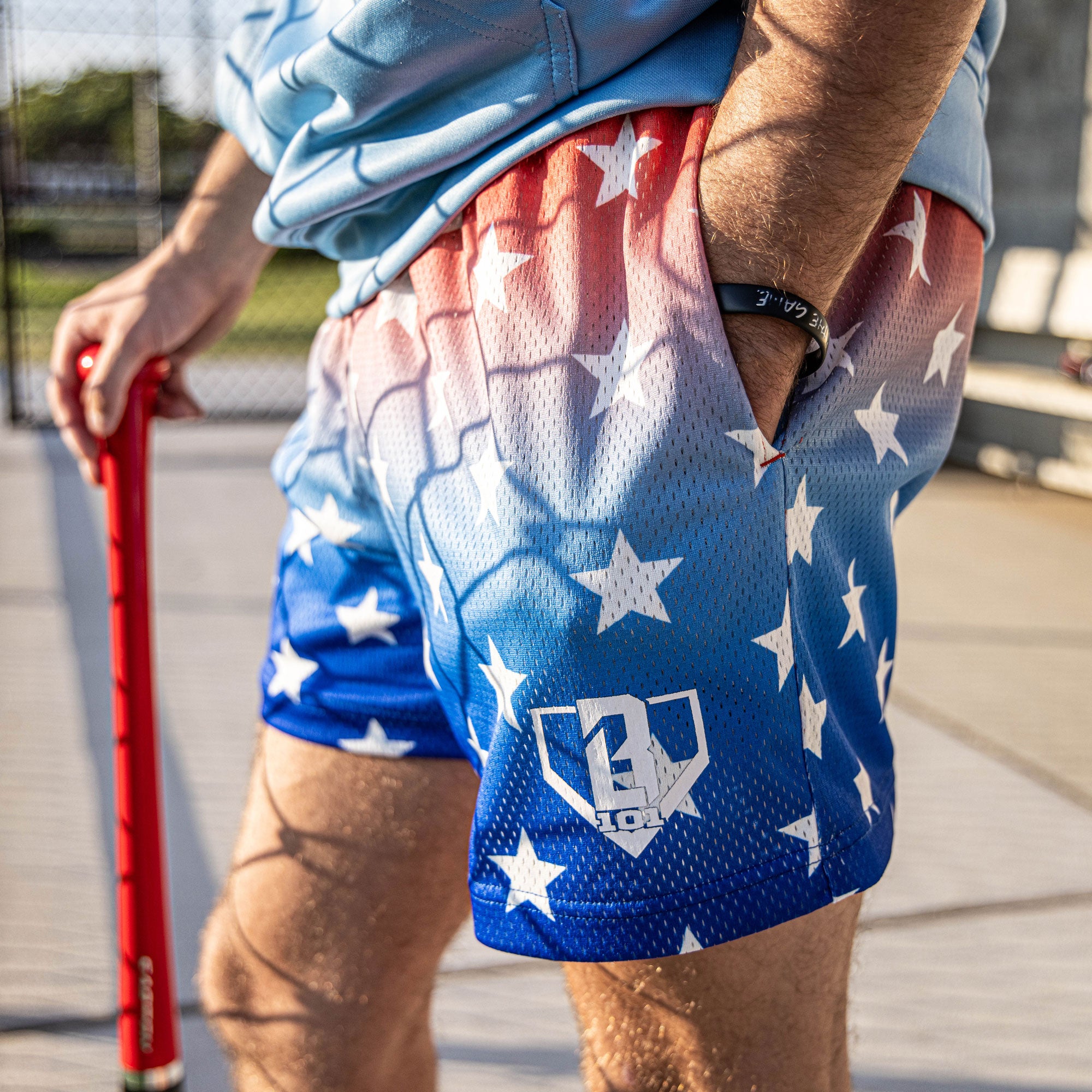 Gradient Shorts - Freedom Mesh Baseball Shorts Red White Blue 5" Inseam