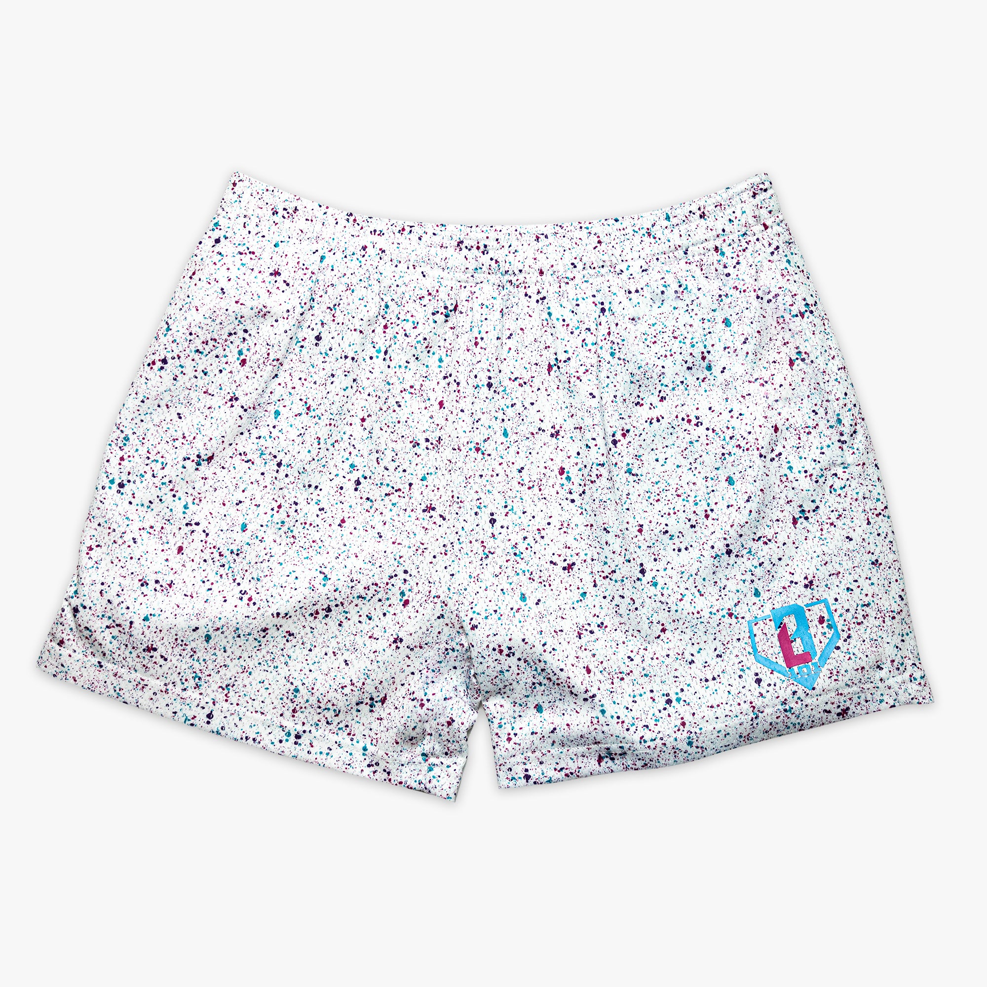 Splatter Mesh Shorts - Allover Pattern, Side Pockets, 5" Inseam, Polyester