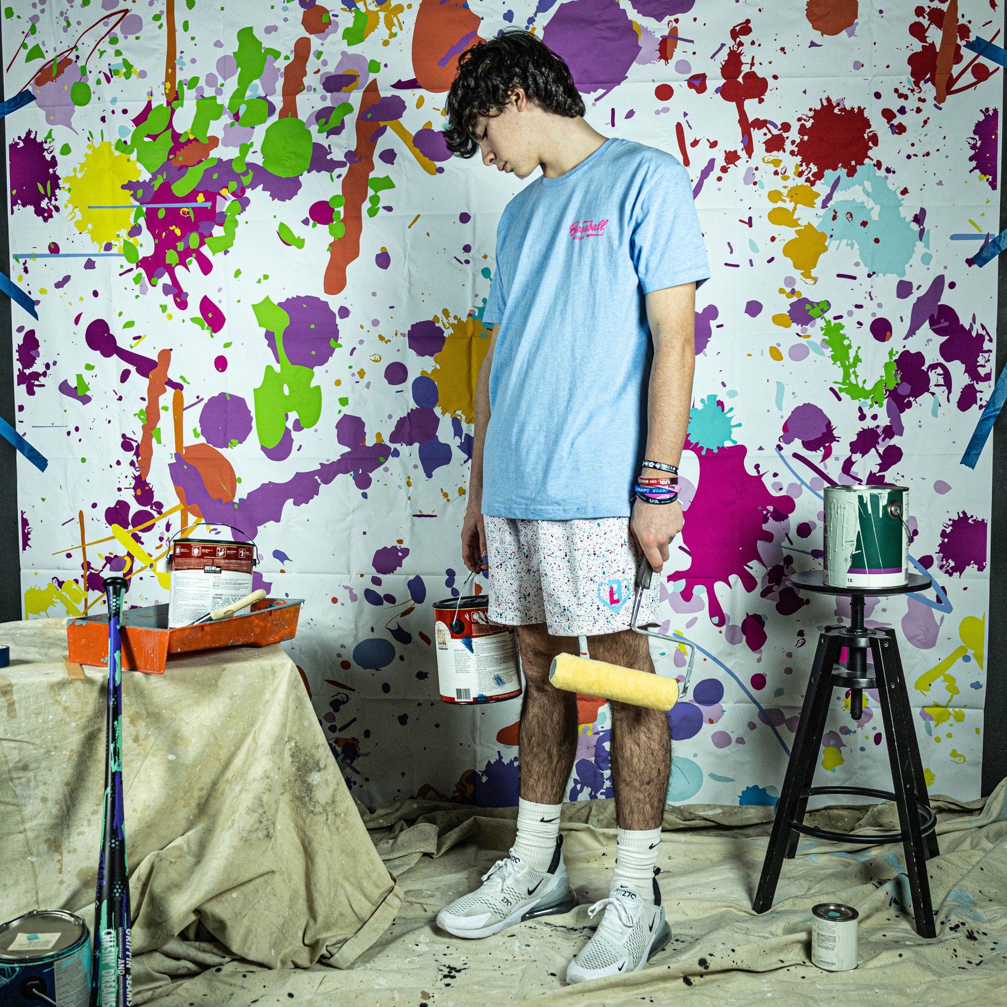 Splatter Mesh Shorts - Allover Pattern, Side Pockets, 5" Inseam, Polyester