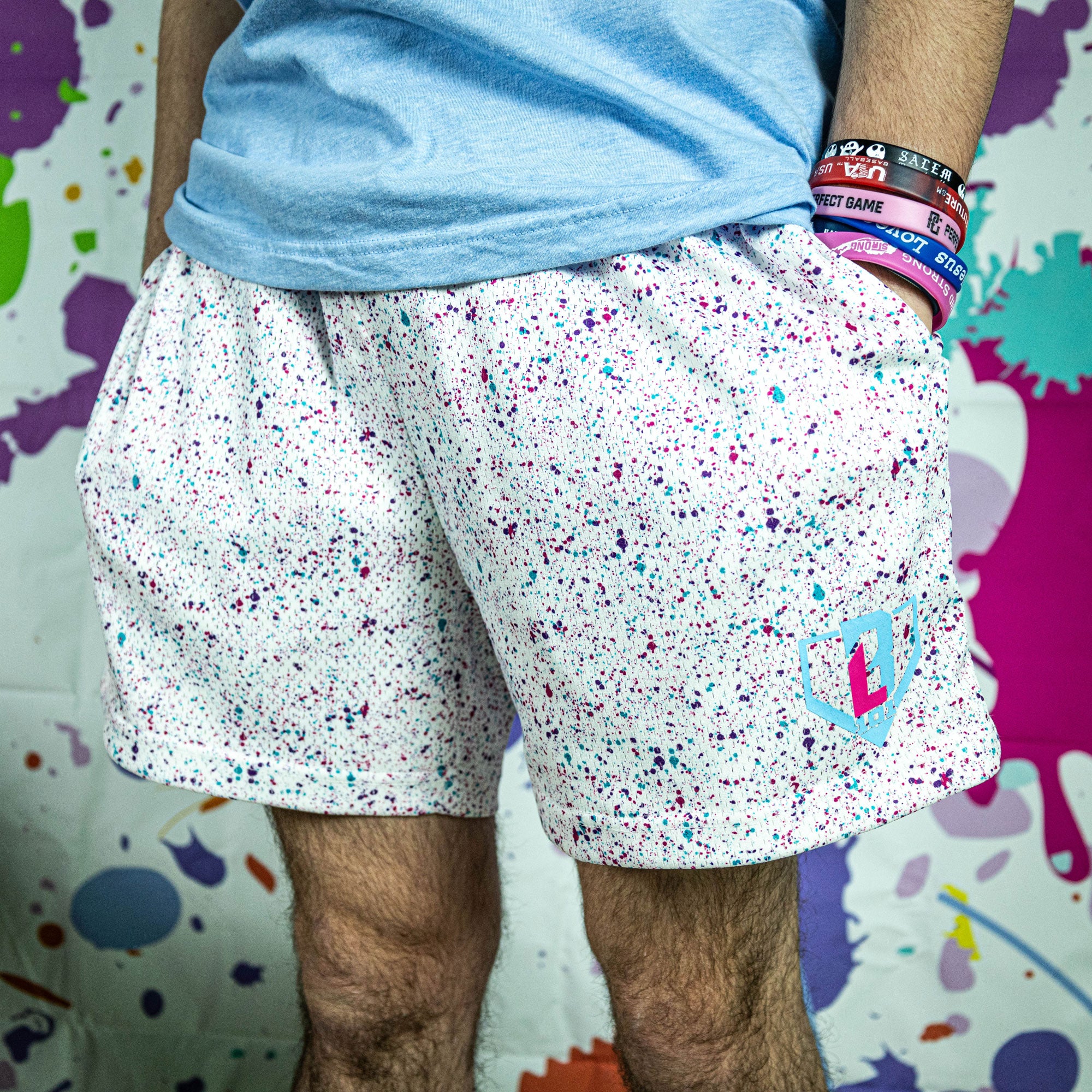 Splatter Mesh Shorts - Allover Pattern, Side Pockets, 5" Inseam, Polyester