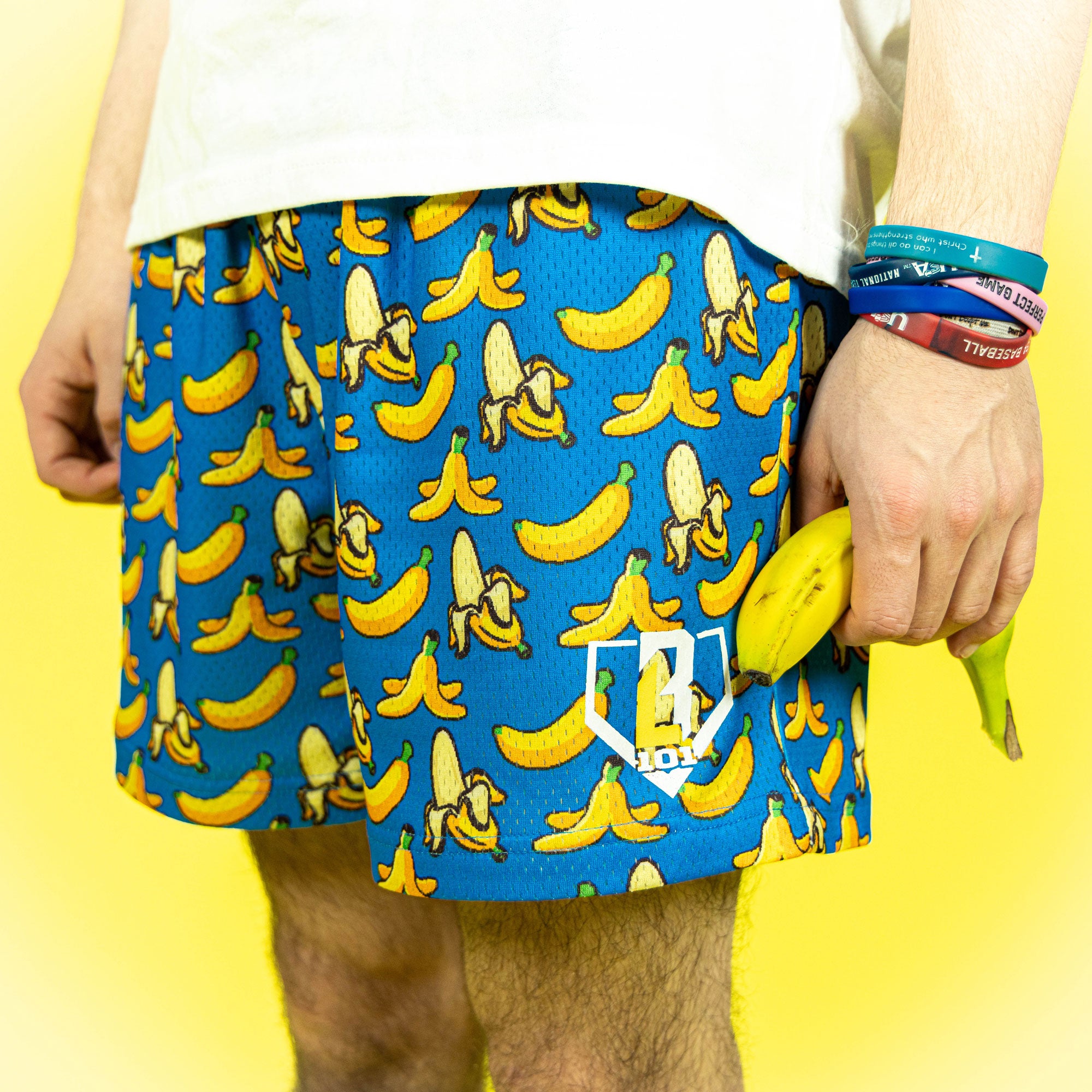 Banana Print Mesh Shorts - Blue, Baseball Lifestyle, 5" Inseam