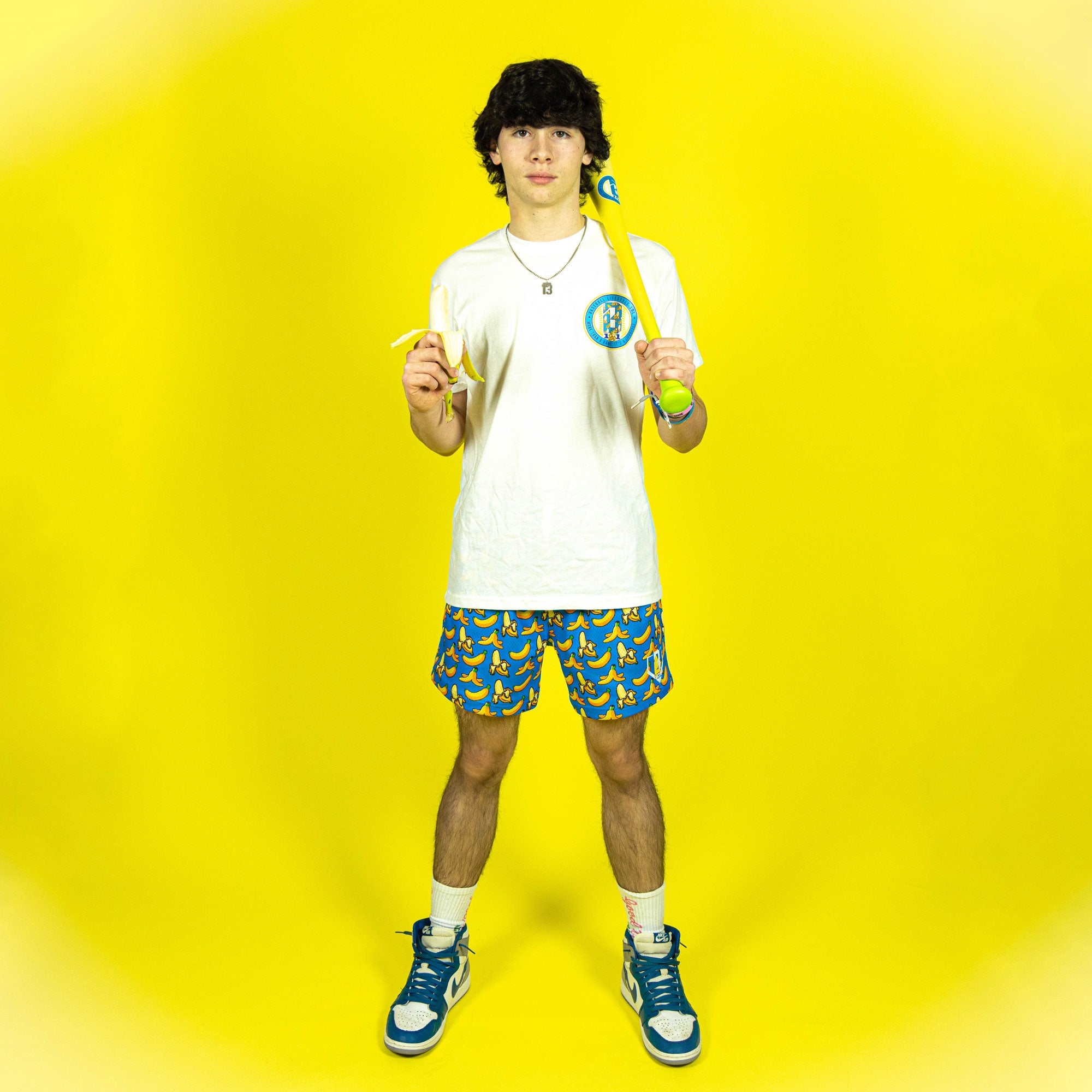 Banana Print Mesh Shorts - Blue, Baseball Lifestyle, 5" Inseam