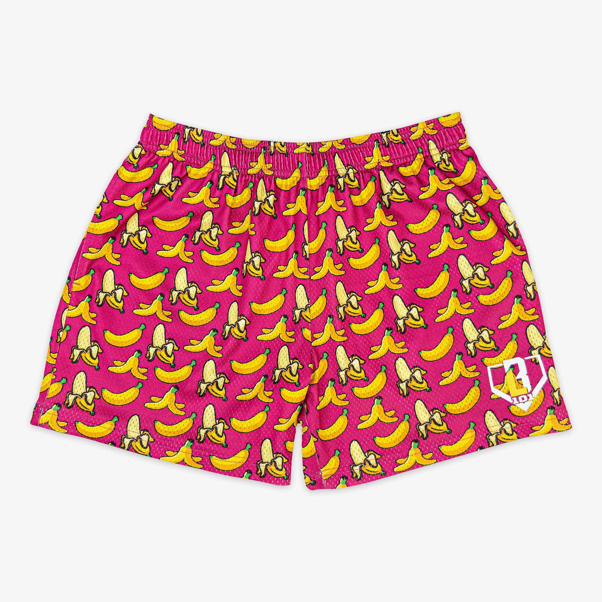 Banana Print Pink Mesh Shorts - Baseball Lifestyle, 5" Inseam, Pockets