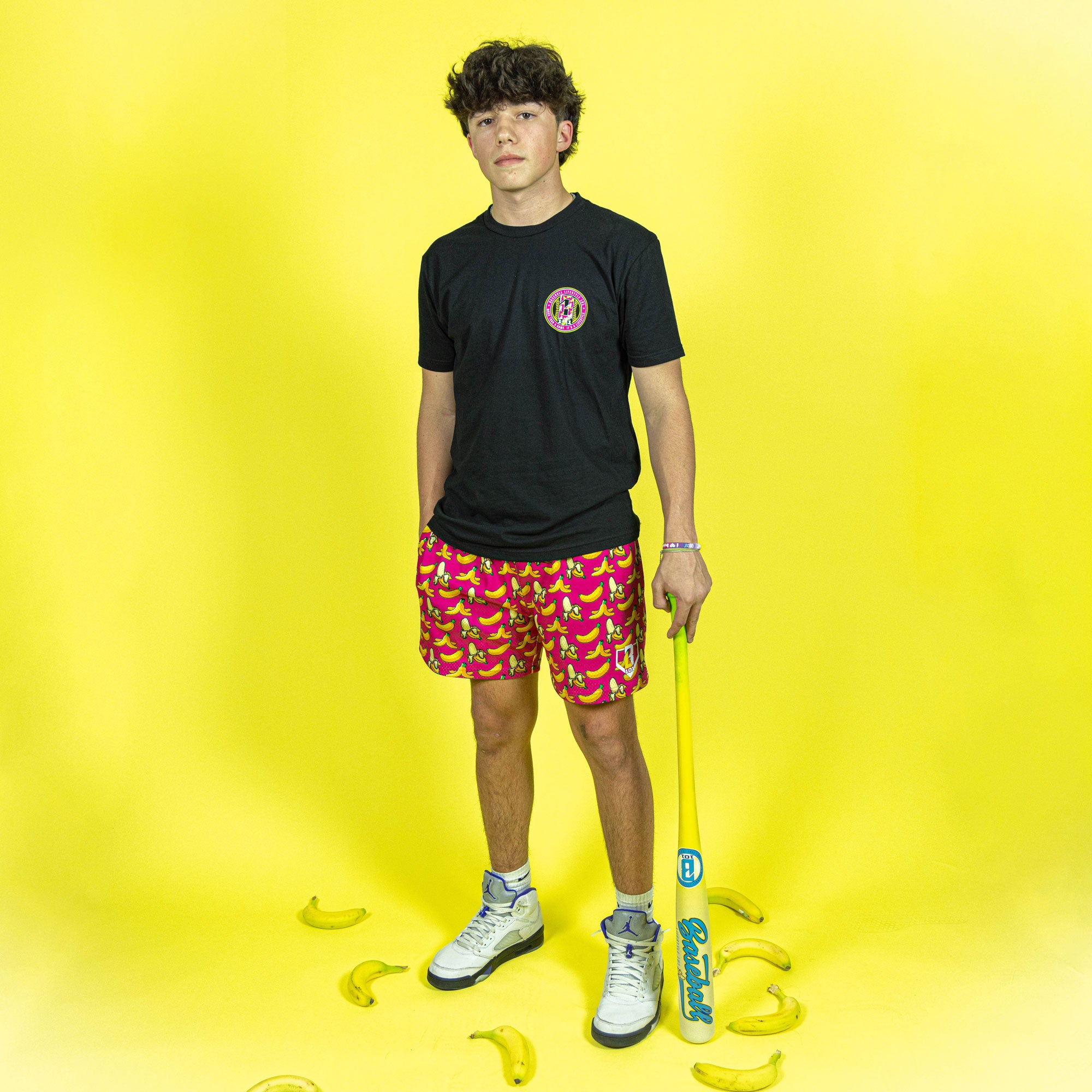 Banana Print Pink Mesh Shorts - Baseball Lifestyle, 5" Inseam, Pockets
