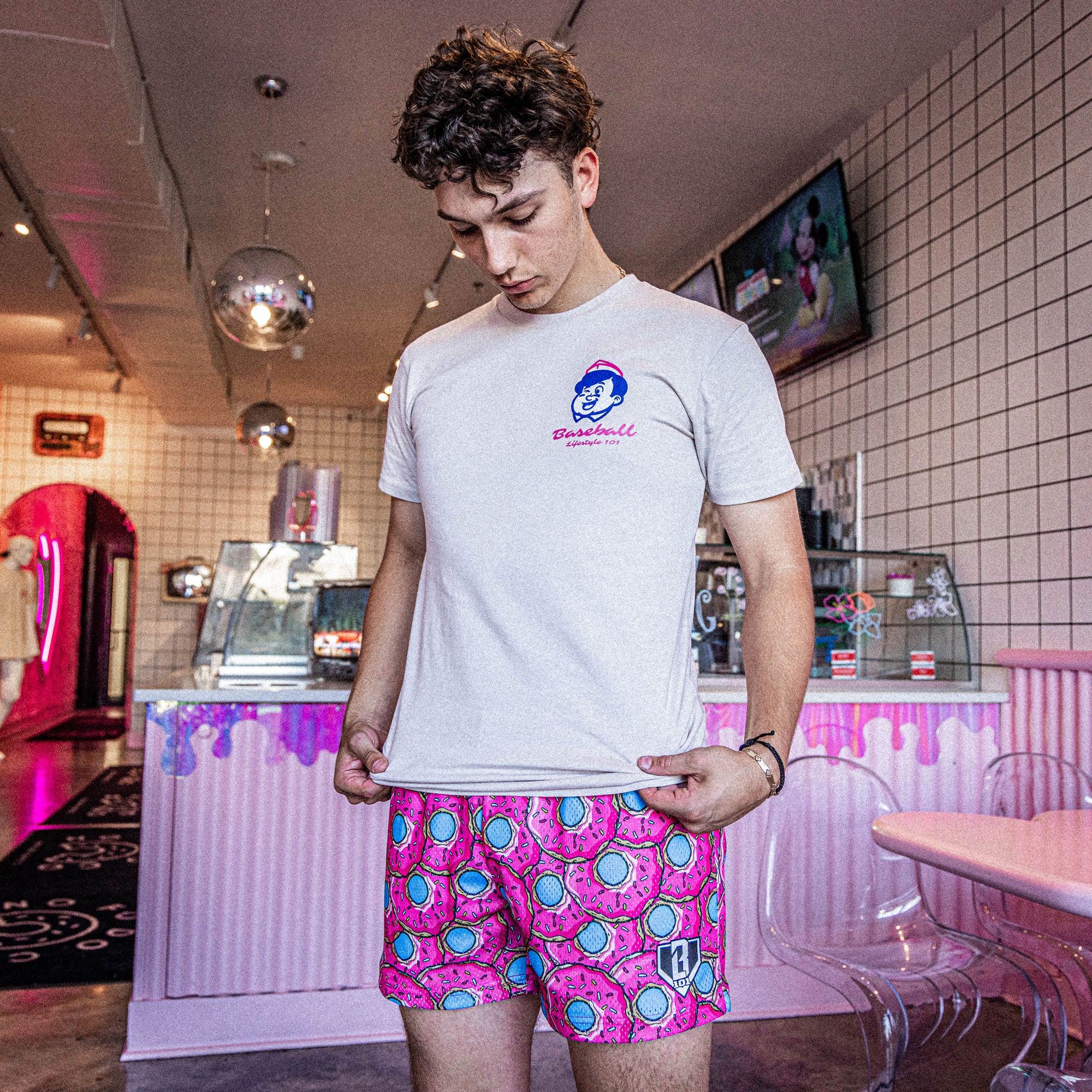 Donut Shorts - Strawberry Mesh Athletic Shorts Pink Blue Pattern