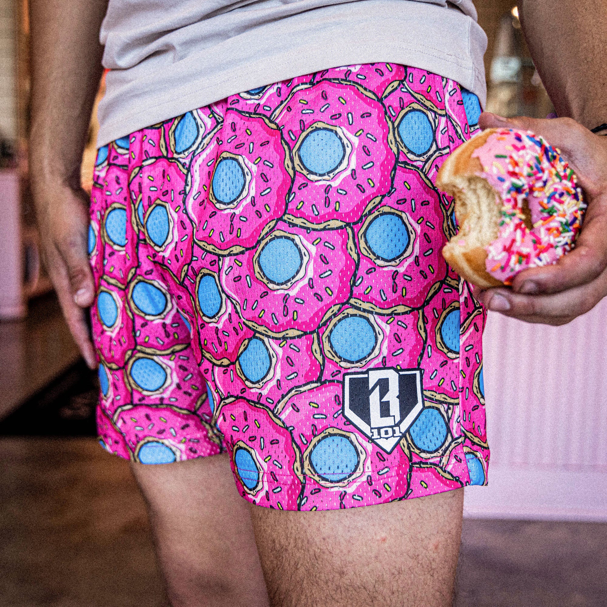 Donut Shorts - Strawberry Mesh Athletic Shorts Pink Blue Pattern