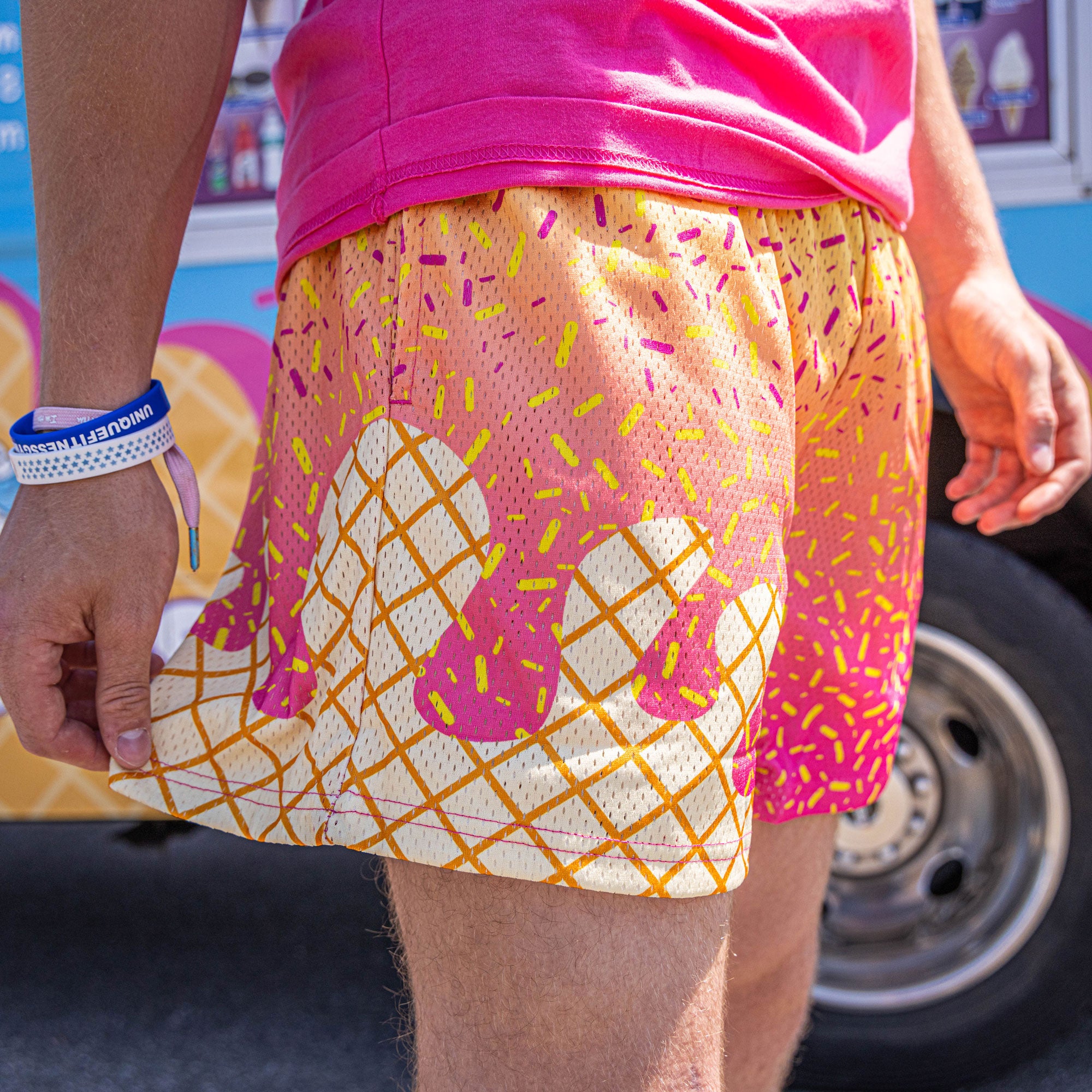 Ice Cream Shorts - Strawberry Banana Baseball Lifestyle Mesh Shorts