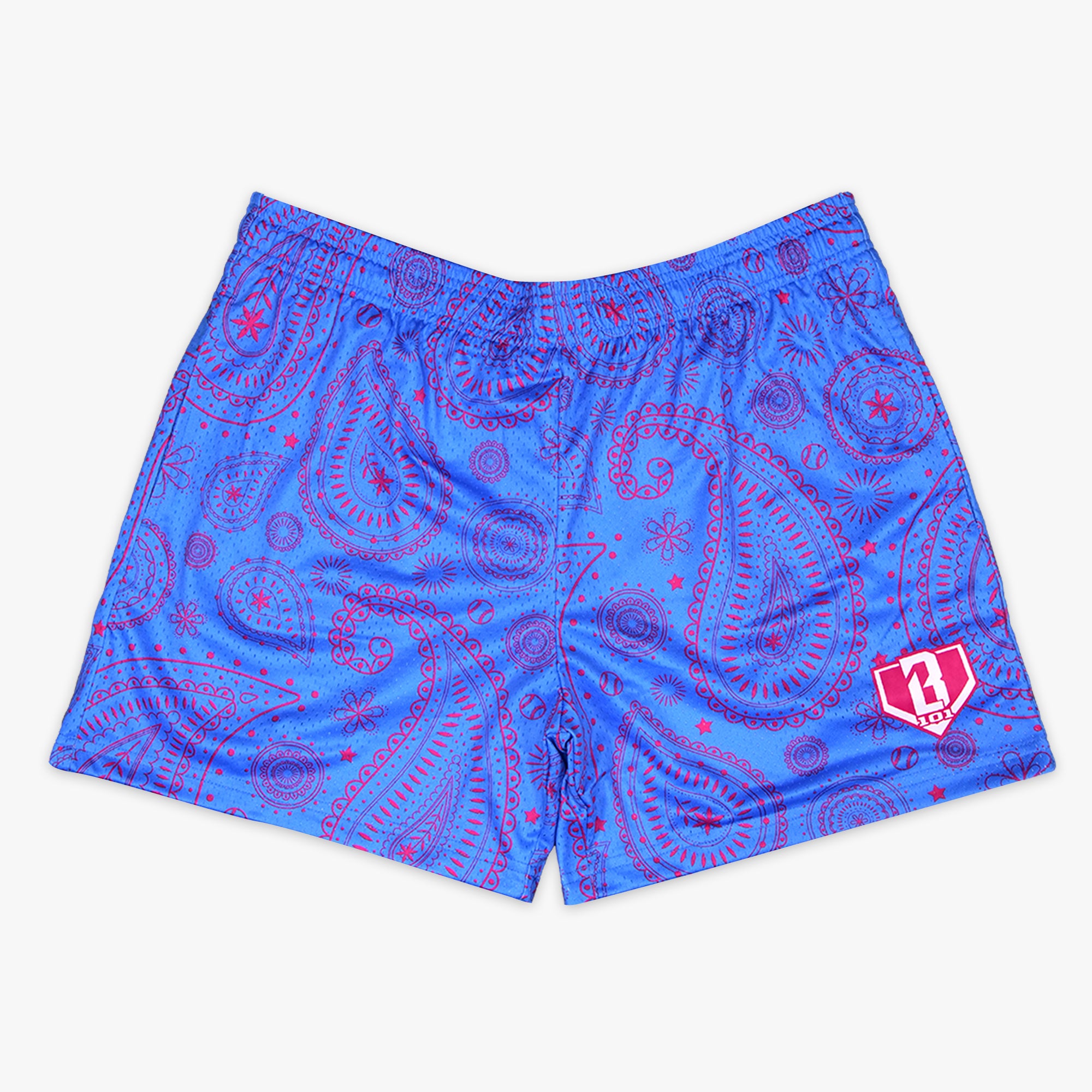 Paisley Shorts - Blue with Pink Print, Mesh Baseball Lifestyle Shorts for Men