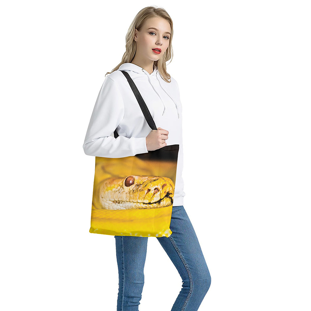 Yellow Python Snake Print Tote Bag - Polyester Double-Sided Shoulder Bag