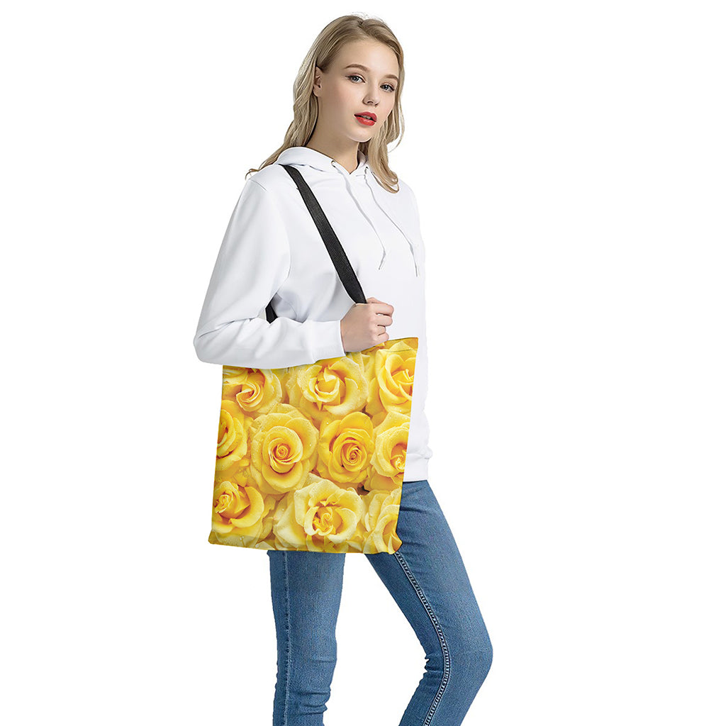 Yellow Rose Print Tote Bag - Polyester Double-Sided Floral Shoulder Carry Bag