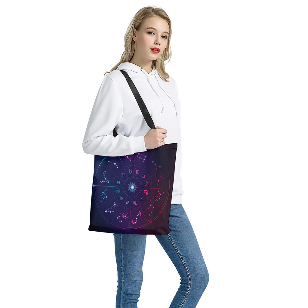 Zodiac Symbols Wheel Print Tote Bag - Polyester Double-Sided Shoulder Bag